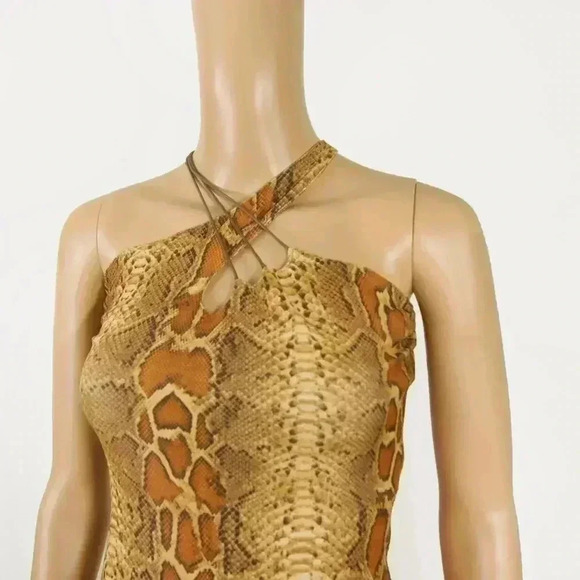 Vintage 90s Feeling Paris Snakeskin Animal Print Tan Midi Dress - Picture 2 of 6